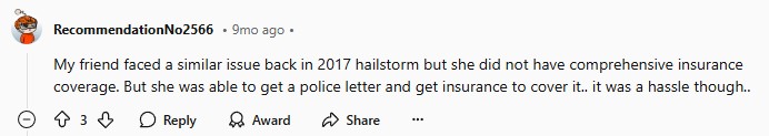 Reddit User Experience with Hail Damage Auto Insurance