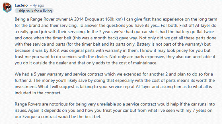 Reddit user answering Range Rover service centers question