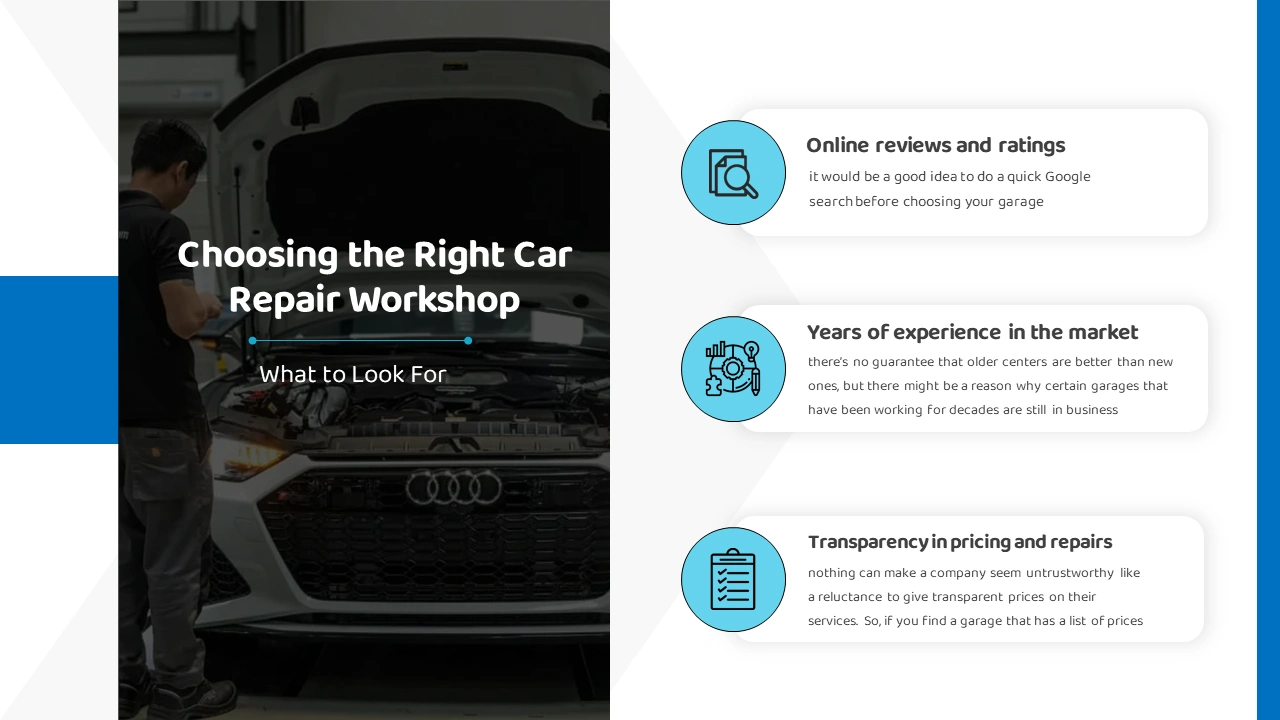 In this infographic, it shows how to choose the right car repair workshop for Dubai car service, including factors like certifications, customer reviews, service quality, pricing transparency, and available facilities.