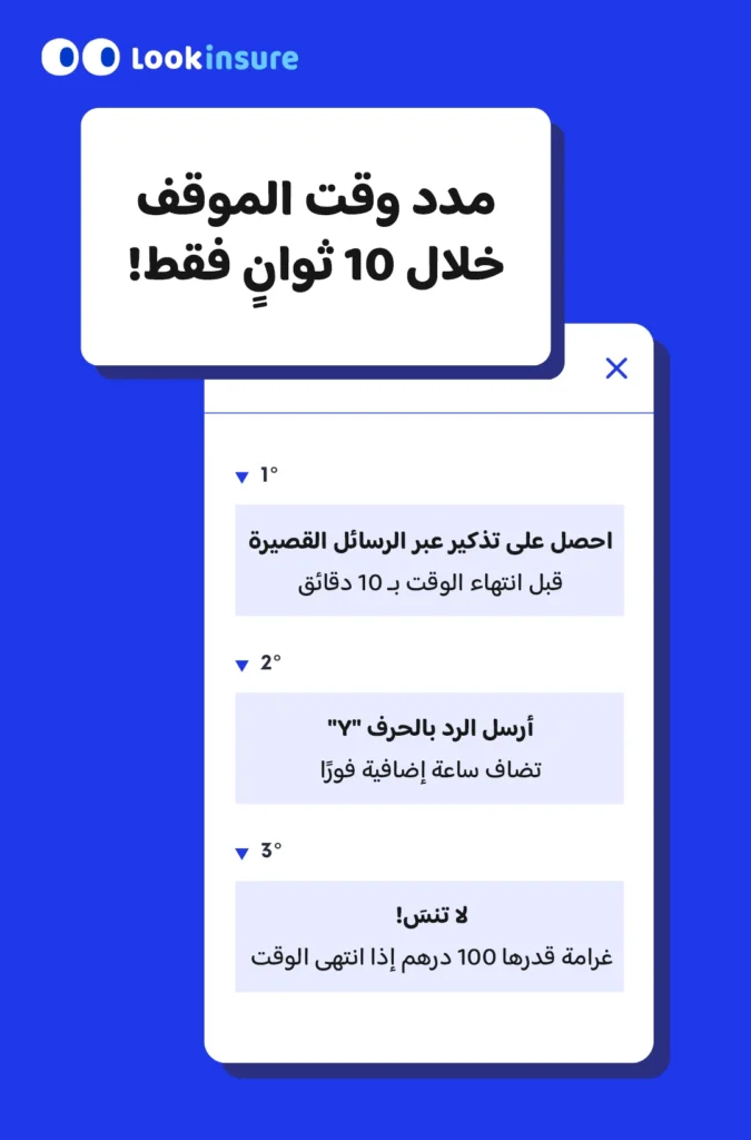 إنفوجرافيك يوضح كيفية تمديد وقت الموقف عبر الرسائل القصيرة (SMS):
تتلقى تذكيرًا قبل انتهاء الوقت بـ 10 دقائق،
ثم أرسل الحرف "Y" لإضافة ساعة إضافية فورًا،
وتجنب غرامة قدرها 100 درهم في حال انتهاء الوقت.