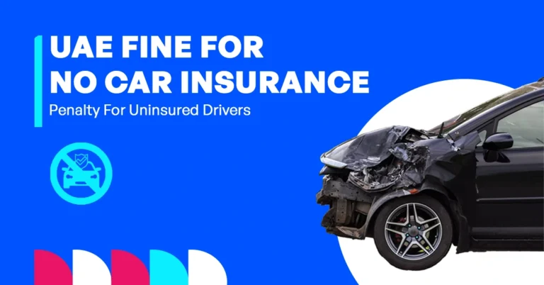 The image shows a crashed car used to illustrate the fines and legal consequences of driving without car insurance in the UAE.