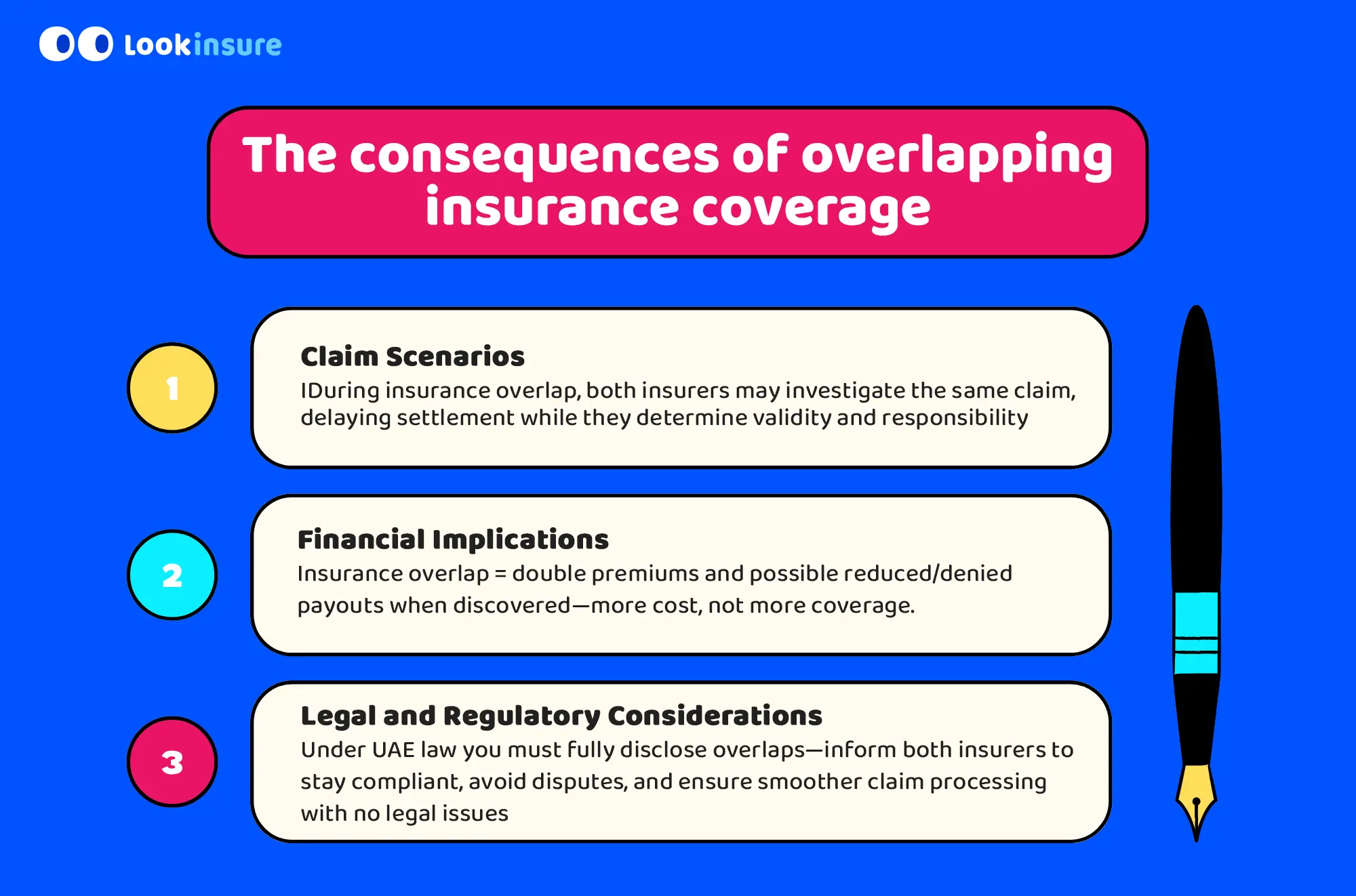 Infographic showing what happens when insurance overlaps—double premiums, delayed claims from dual investigations, possible reduced payouts, and legal disclosure requirements in the UAE