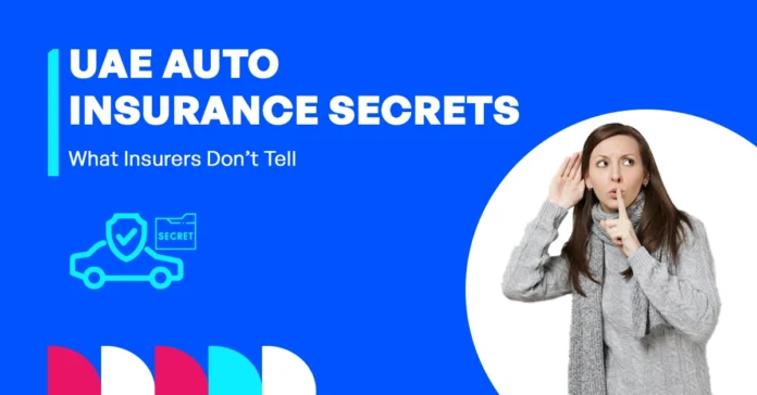 An image of a UAE auto insurance policy with a magnifying glass highlighting hidden terms and consumer pitfalls