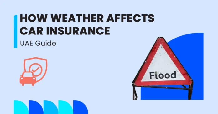 An image showing UAE weather conditions—sandstorms, floods, and heat—and their impact on car insurance coverage and claims.