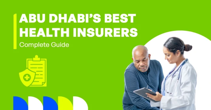 The image shows a guide to the best health insurance companies in Abu Dhabi.