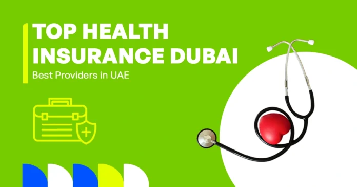 The image shows a guide to the best health insurance companies in Dubai, UAE.