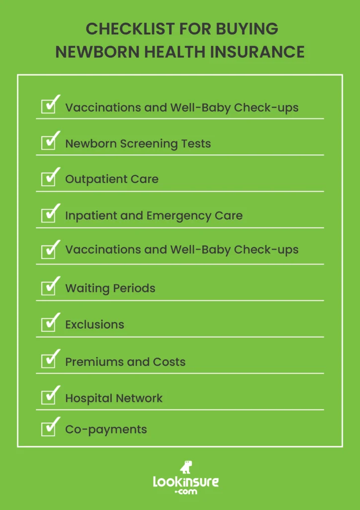 The infographic shows what to look for when buying newborn health insurance online.
