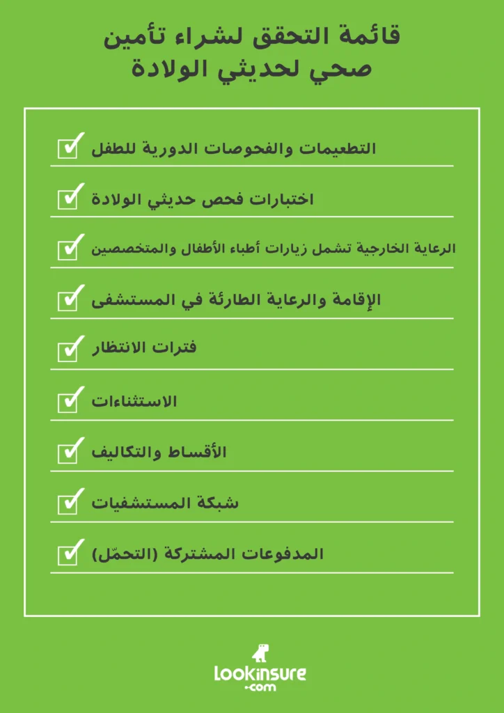 الإنفوغرافيك يُظهر ما يجب الانتباه إليه عند شراء تأمين صحي لحديثي الولادة عبر الإنترنت.