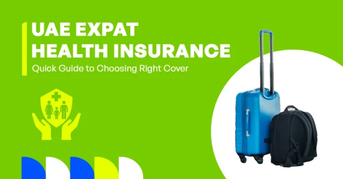 The image shows a guide for expats on choosing the right health insurance in the UAE.