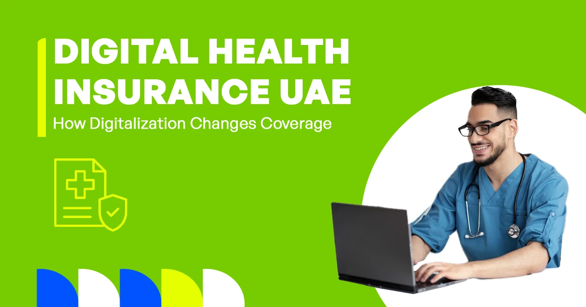 The image shows a doctor demonstrating how digitalization is changing health insurance in the UAE