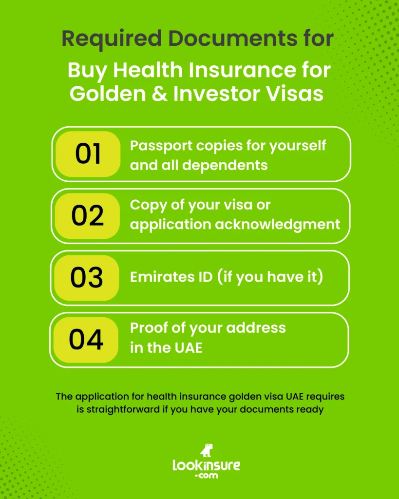 The infographic shows how to buy health insurance for Golden and Investor visas in the UAE and the required documents.