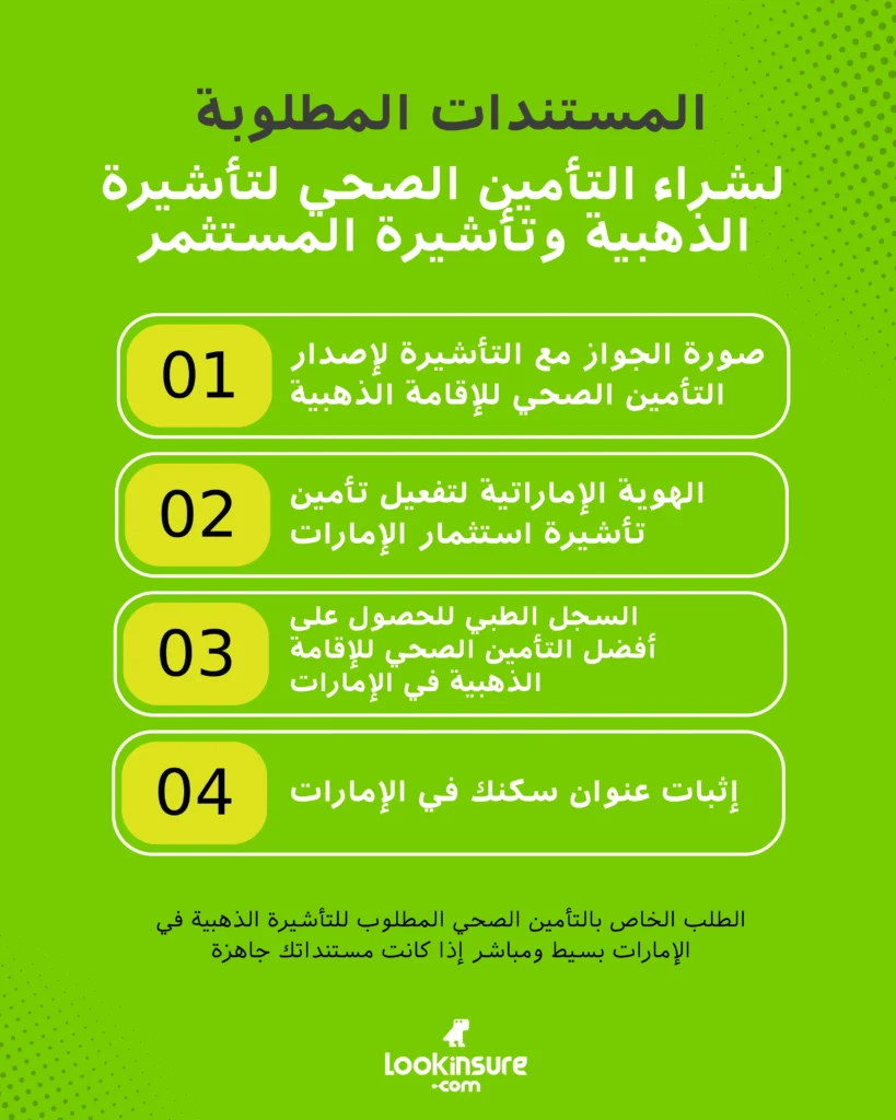 الإنفوغرافيك يُظهر كيفية شراء التأمين الصحي لتأشيرة الذهبية وتأشيرة المستثمر في الإمارات والوثائق المطلوبة.