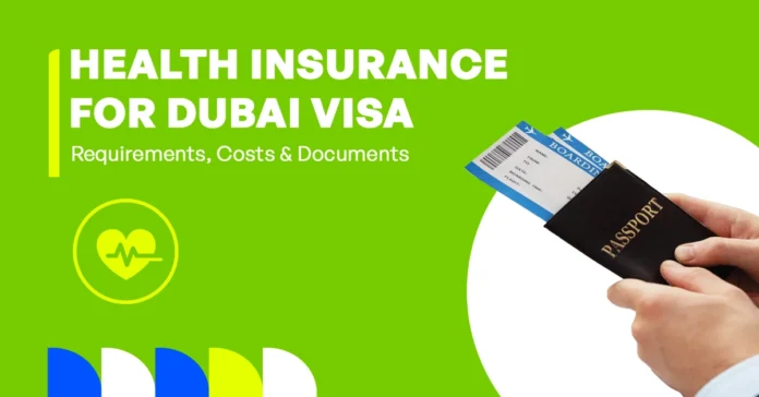The image shows health insurance requirements, costs, and documents needed for Dubai visa renewal.