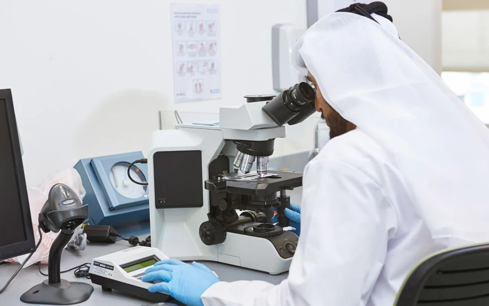 طبيب في دبي يُجري فحصًا مخبريًا ويفحص عيّنة مريض لتمثيل خدمات الرعاية الصحية الحكومية.