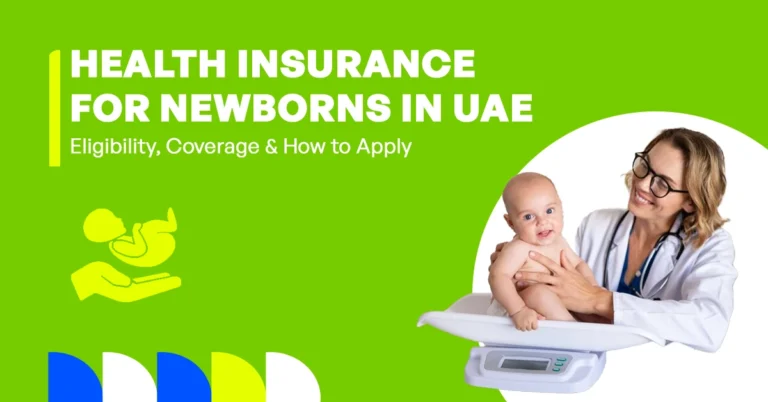 The image shows health insurance options for newborn babies in the UAE.
