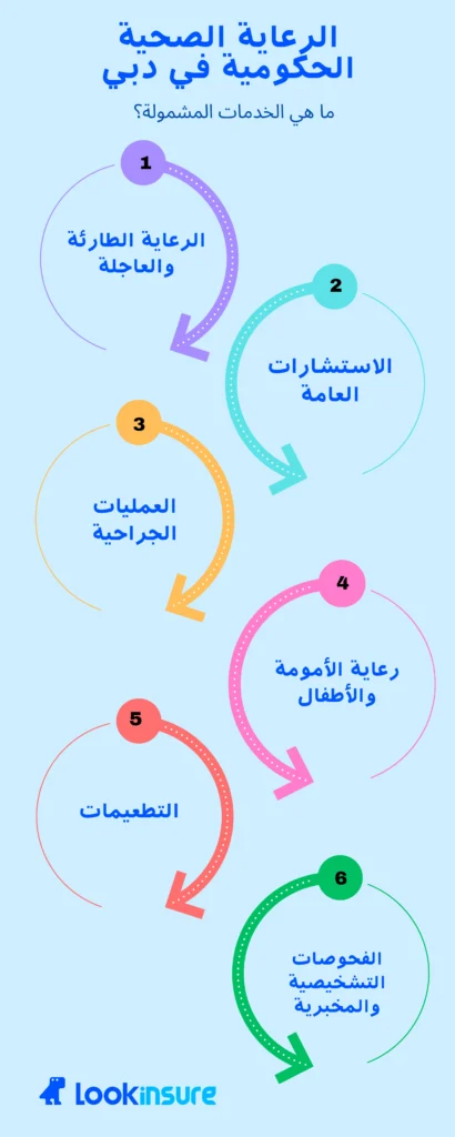 إنفوغرافيك يوضح خدمات الرعاية الصحية الحكومية في دبي، بما في ذلك الطوارئ، والاستشارات، والجراحات، ورعاية الأمومة، والتطعيمات، والفحوصات المخبرية.