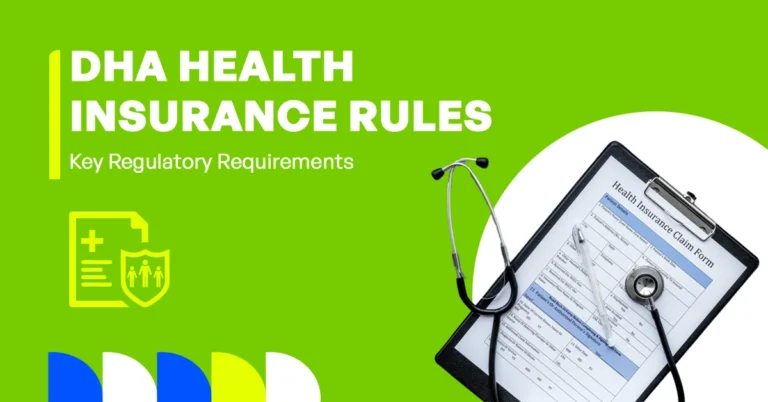 The image shows key regulatory requirements for health insurance under the Dubai Health Authority (DHA).