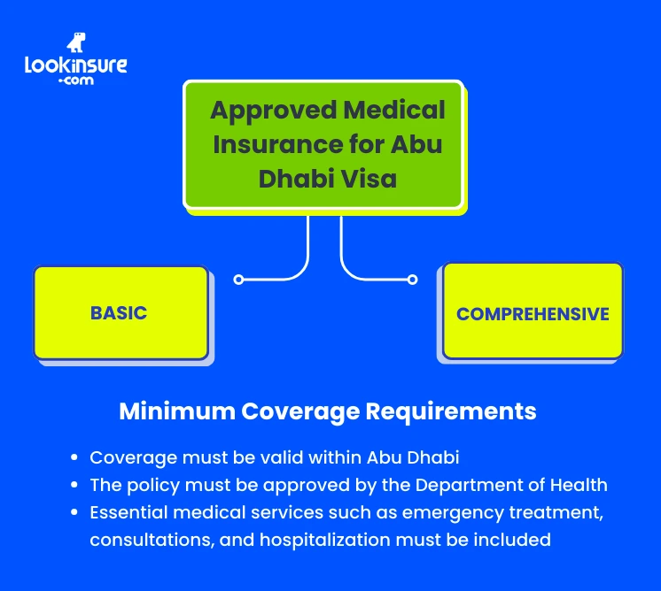 The infographic shows what type of medical insurance is accepted for an Abu Dhabi visa.