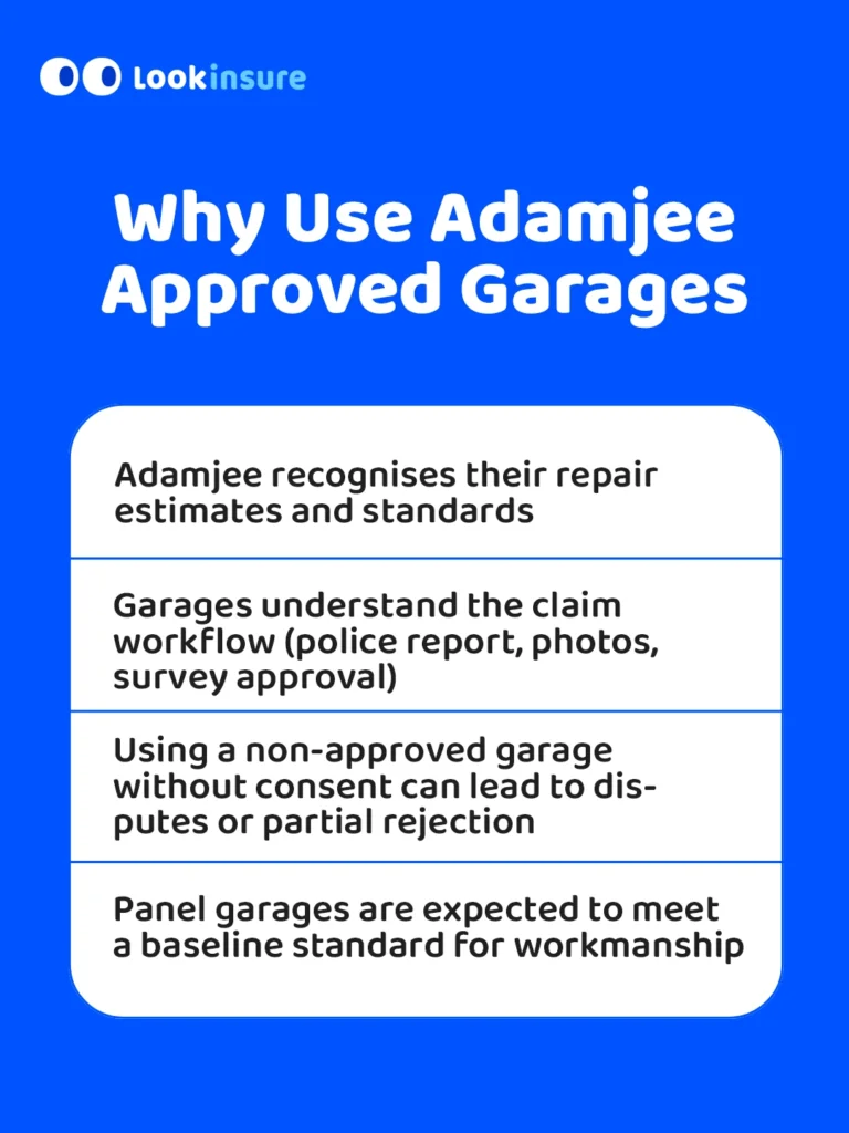 In this infographic, it shows the main reasons to choose Adamjee Insurance garages for car repairs in the UAE, including trusted service, approved repair standards, and smoother insurance claims.