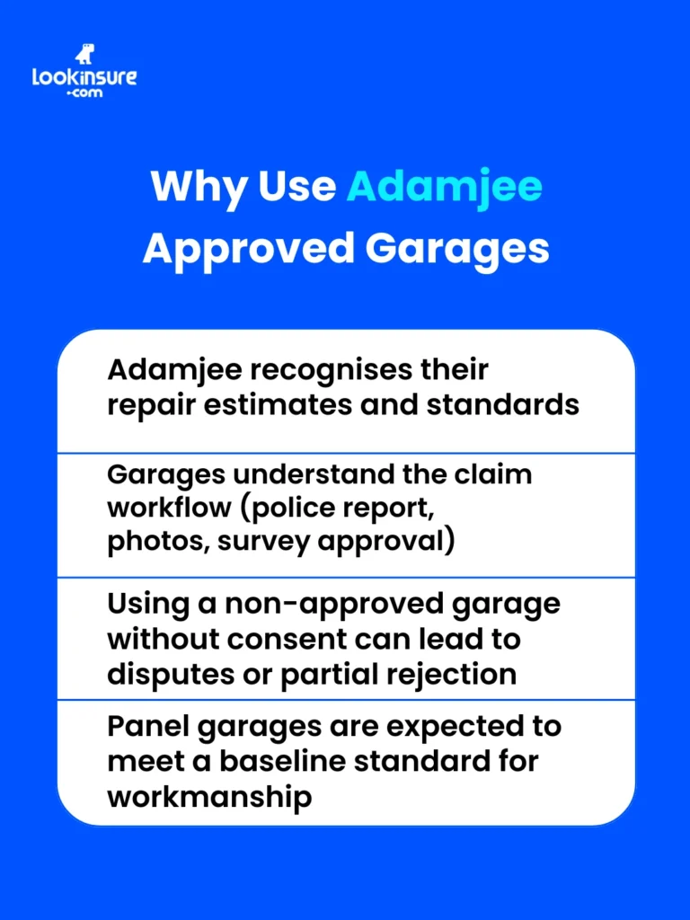 In this infographic, it shows the main reasons to choose Adamjee Insurance garages for car repairs in the UAE, including trusted service, approved repair standards, and smoother insurance claims.