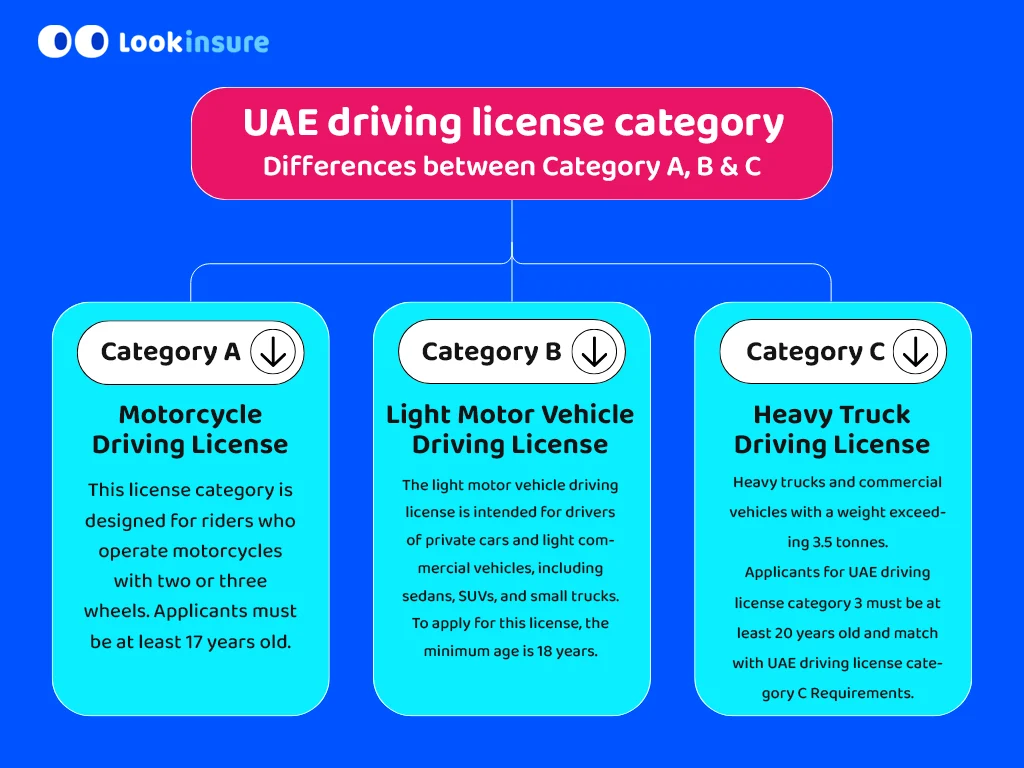 The infographic shows a comparison of driving license categories, highlighting the differences between Category A, B, and C.