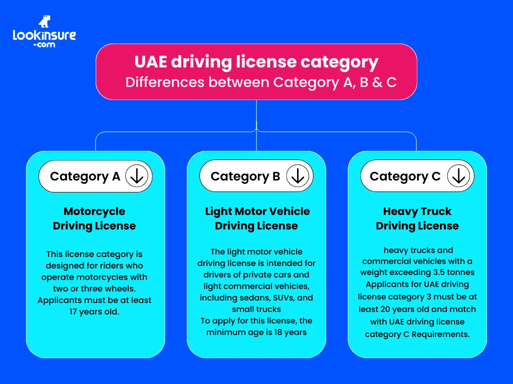 The infographic shows a comparison of driving license categories, highlighting the differences between Category A, B, and C.