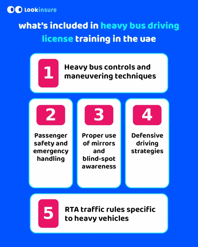 The infographic shows what is included in heavy bus driving license training in the UAE.