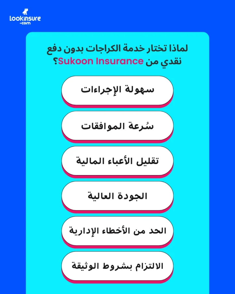 في هذا الإنفوغرافيك يُظهر أبرز مزايا كراجات التأمين الشامل بدون دفع نقدي من سوكون، بما في ذلك الإصلاحات السهلة، وسرعة معالجة المطالبات، وشبكة واسعة من مراكز الخدمة.