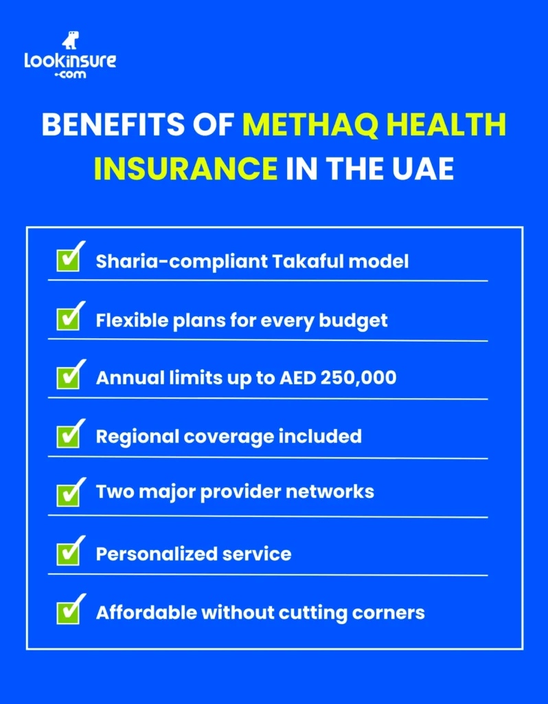 The infographic shows the advantages of choosing Methaq Takaful Insurance Company health insurance in the UAE.