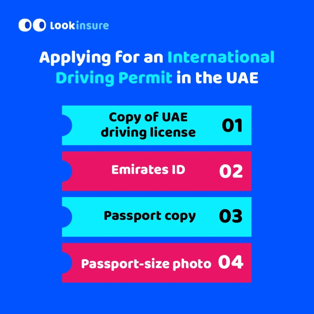 In the image, it shows the process of applying for an International Driving License in the UAE, including required documents, application steps, and issuing authorities.