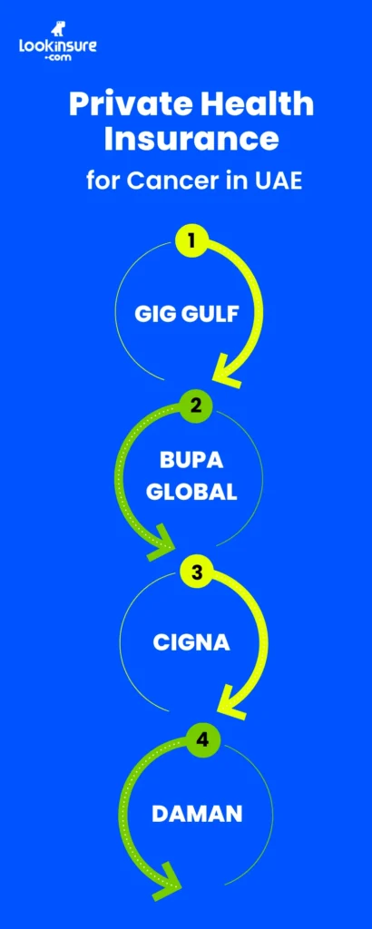 In this infographic, it shows the key features of private health insurance for cancer in the UAE, including specialized treatment coverage, hospital networks, and financial protection options.