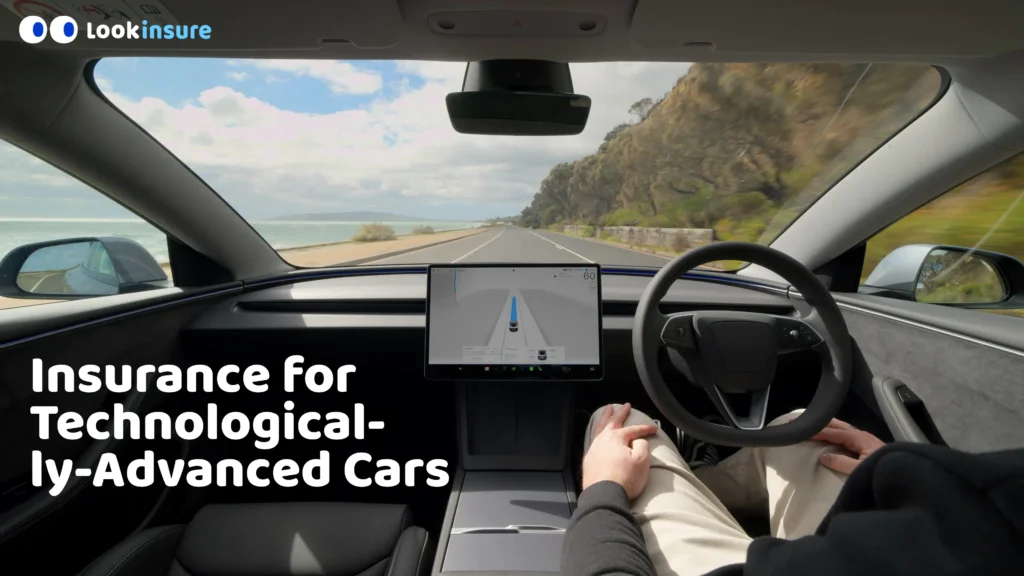 In the image, it shows insurance coverage for technologically advanced cars, highlighting smart safety systems, connected features, and specialized protection options.