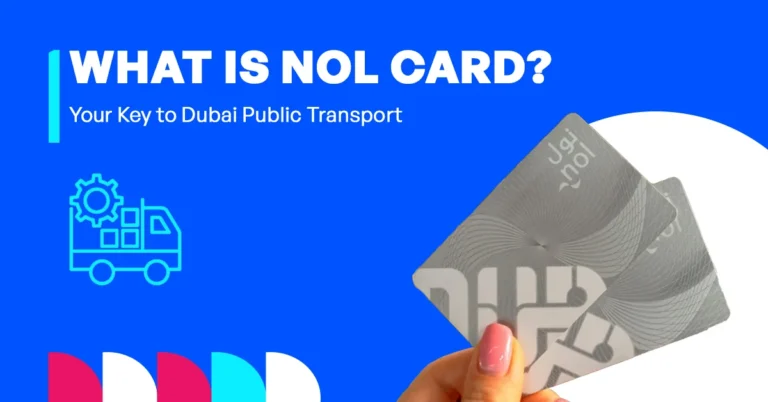 In the image, it shows an overview of the NOL Card and how it is used to access public transportation in Dubai, including metro, buses, and trams.
