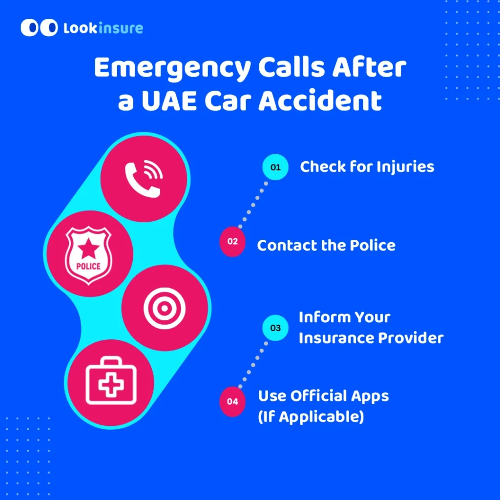 In this infographic, it shows who to call after a car accident in the UAE, including emergency services, police, ambulance, and insurance providers.